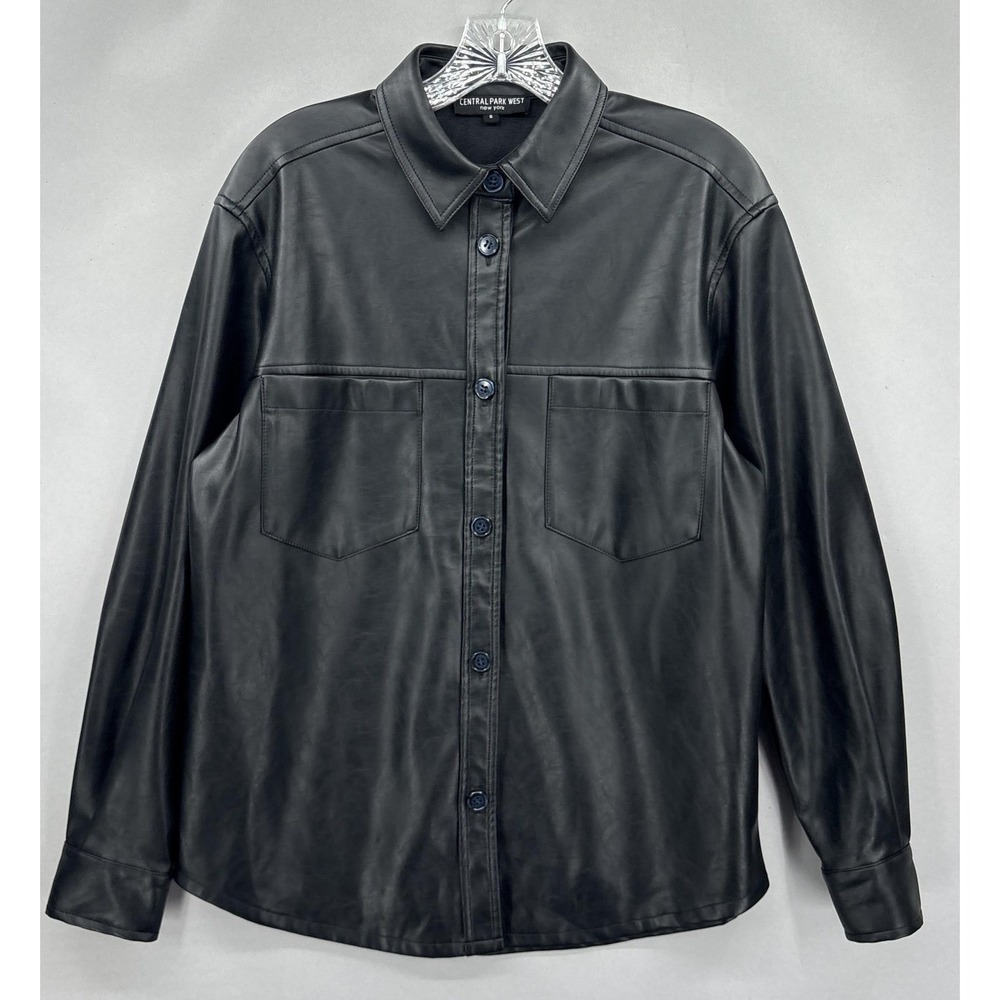 Central Park West Shirt Womens Small Button Up Black Faux Leather Long Sleeve